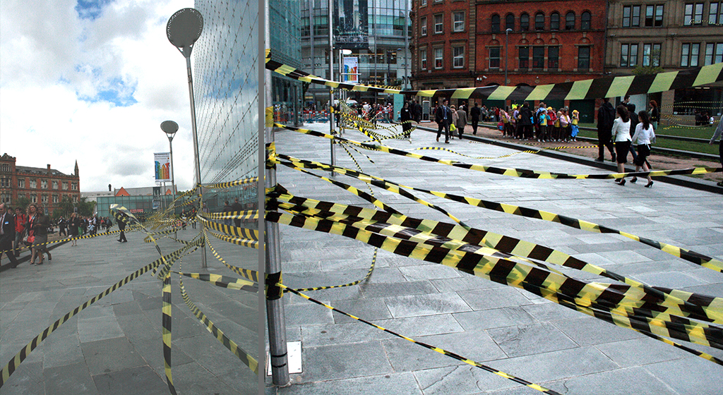 Hazard 2007 , Sculpture and Performances Festival in Manchester City, UK
3000 Meters of Caution Tape, Enclosed the Cathedral Gardens in Manchester city centre by : Shahram Entekhabi