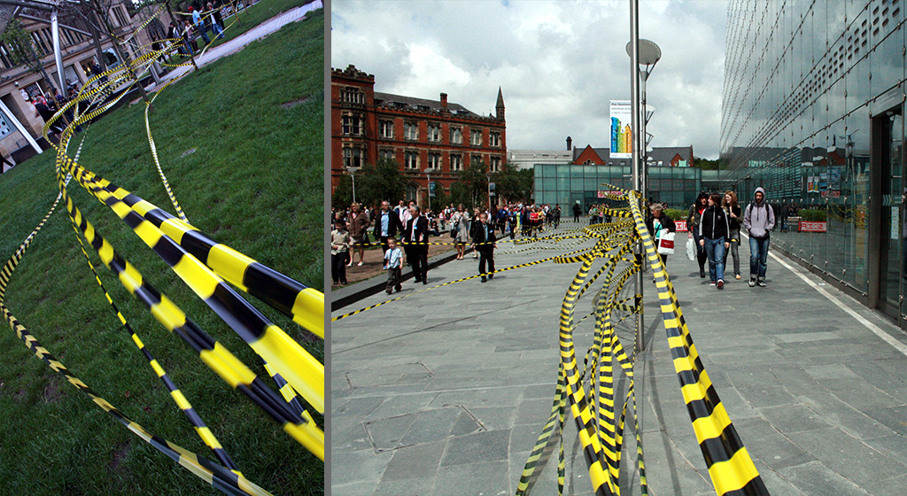 Hazard 2007 , Sculpture and Performances Festival in Manchester City, UK
3000 Meters of Caution Tape, Enclosed the Cathedral Gardens in Manchester city centre by : Shahram Entekhabi