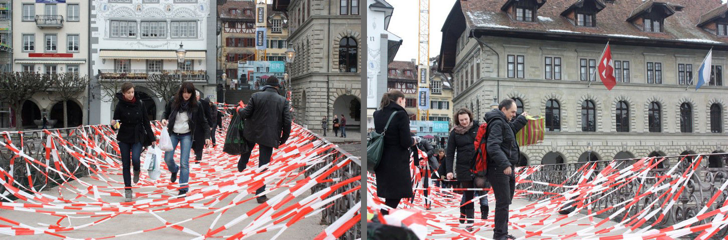 No Exit Luzern, 2011, By Shahram Entekhabi, Live Performance using 4000 Meters of Caution Tape, Town Hall Bridge of Lucerne, Switzerland