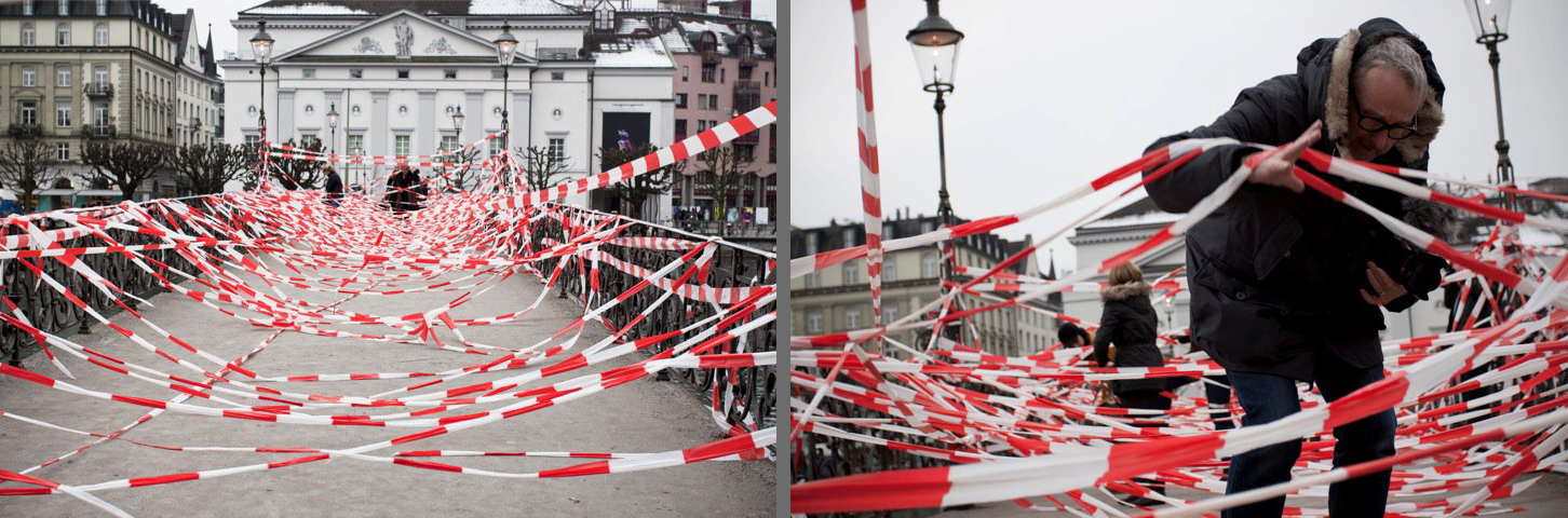 No Exit Luzern, 2011, By Shahram Entekhabi, Live Performance using 4000 Meters of Caution Tape, Town Hall Bridge of Lucerne, Switzerland